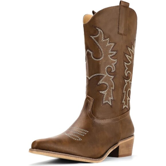 Women Brown Manmade Material Mid Calf Embroidered Low Heel Pointed Toe Boots - Picture 1 of 6